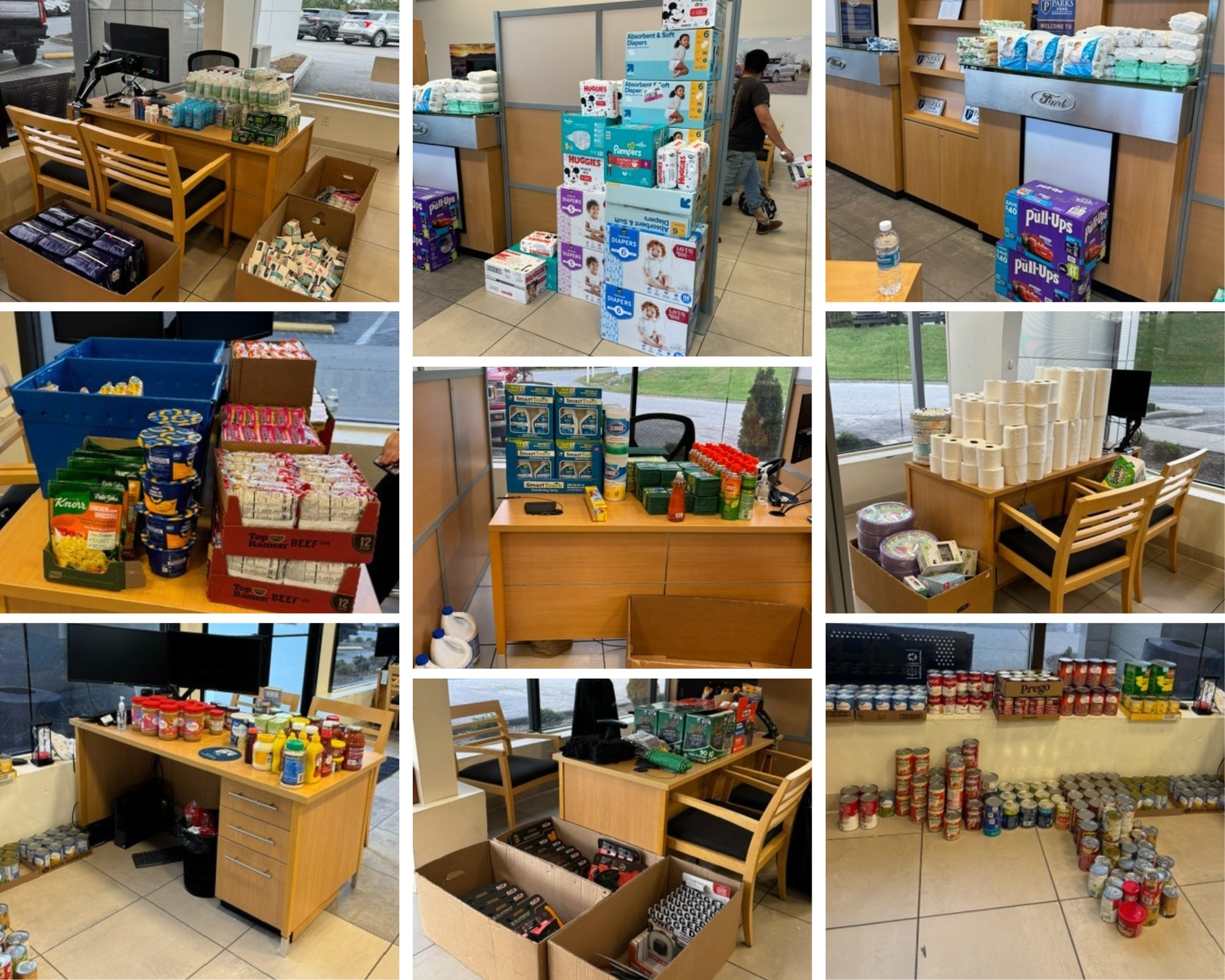 The showroom became "supply central" with canned goods, diapers, toiletries, hot showers, and a warm place to rest.